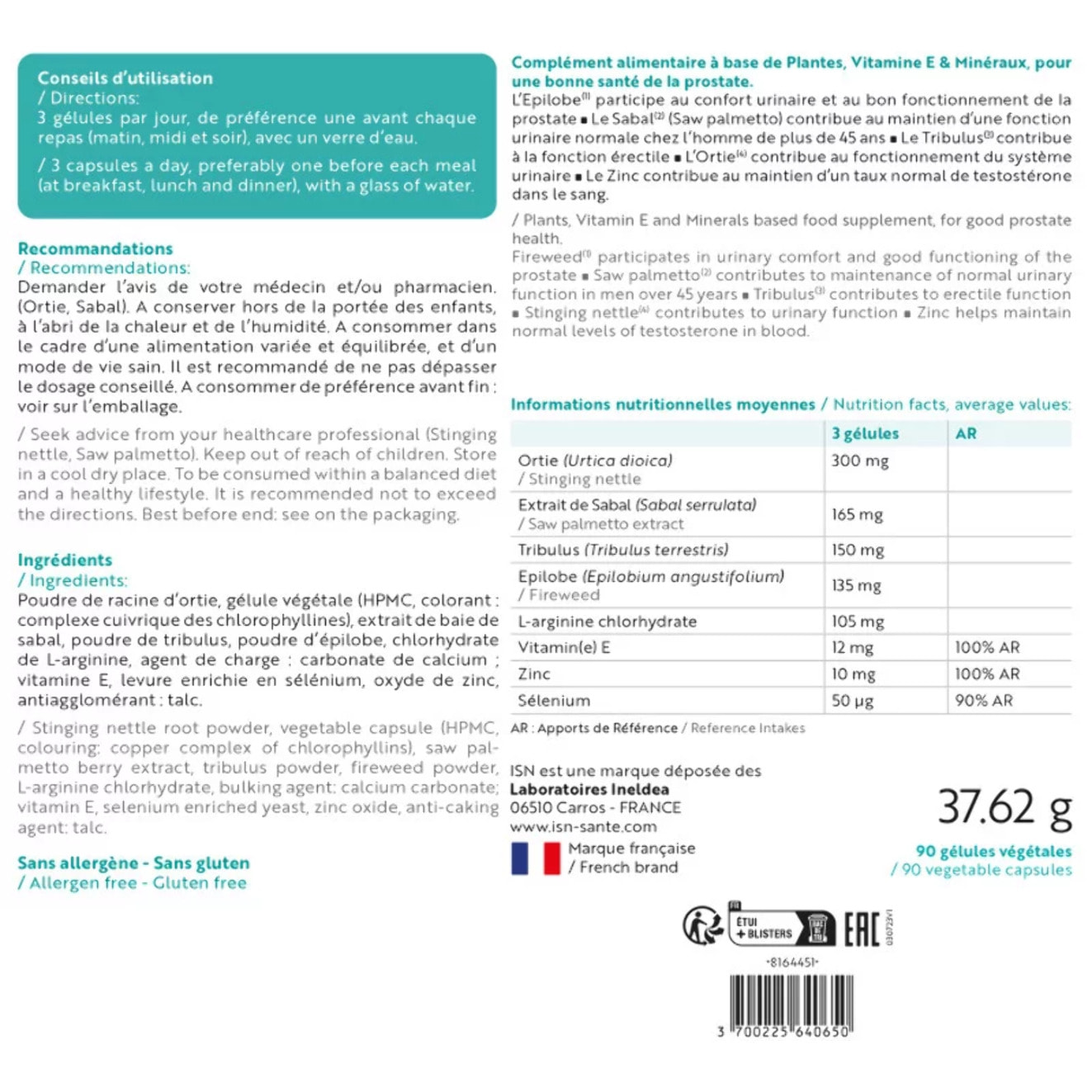 ISN - Prostavirex® - Complément alimentaire à base de Plantes, Vitamines & Minéraux - Préserve la Santé de la Prostate - Contribue au Confort Urinaire & Réduction des Troubles Sexuels - Cure 30 jours