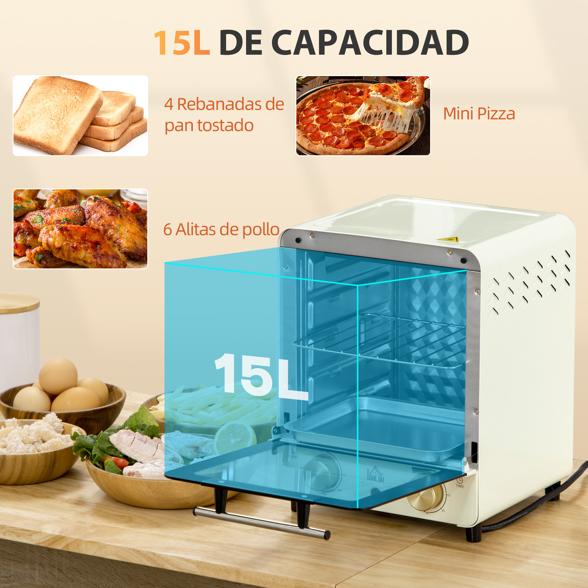 Horno Eléctrico Sobremesa 15 Litros 1000W Horno Tostador con Temperatura hasta 230 ℃ Temporizador 60 Minutos Bandeja y Rejilla 25,5x27,5x32 cm Crema