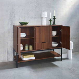 Buffet bas en décor noyer et pieds et poignées en métal noir L110cm - buffet haut. vaisselier. 3 portes. 1 tiroir et 3 étagères