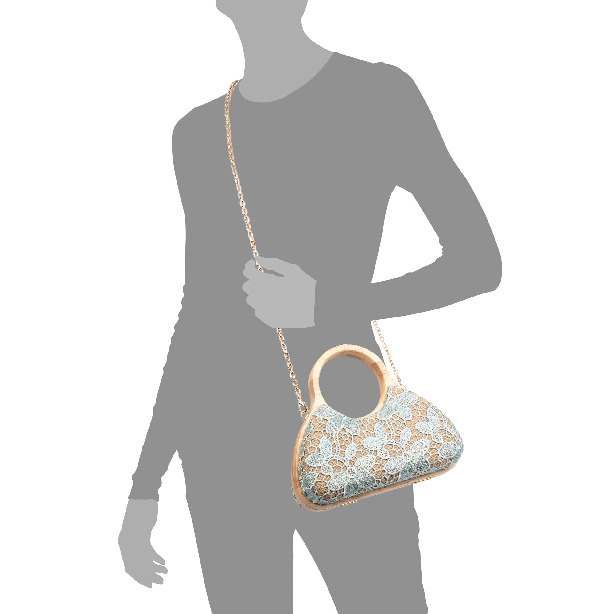 Avisio bolso de mano fabricado en madera natural, algodón y jute con diseño malla de tejido floral