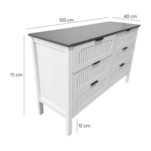 NORTH Commode 6 tiroirs blanc rainuré et bois 120cm