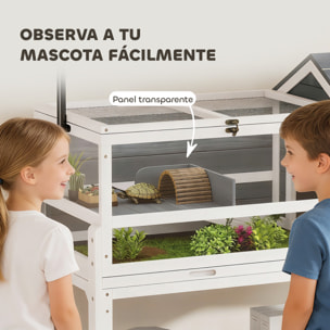 Casa para Tortugas de Madera, Terrario para Reptiles con Soporte para Lámpara Ajustable, Techos Abatibles, Bandeja Extraíble, Estante de Almacenaje y Paneles Transparentes, Caseta para Tortugas