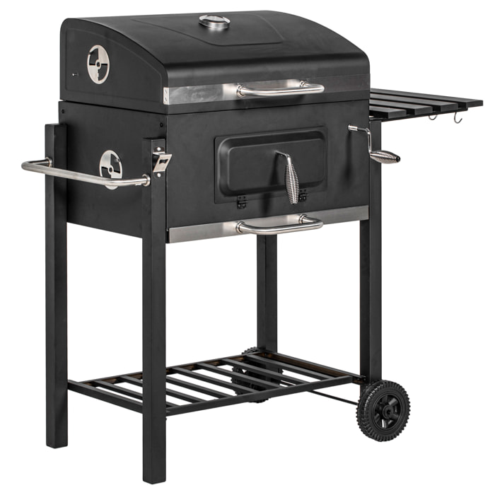 Barbacoa de Carbón con Ruedas Barbacoa con Tapa Parrillas de Acero Inoxidable Termómetro Brasero Ajustable Bandeja Lateral y Estante 113x65x108 cm Negro
