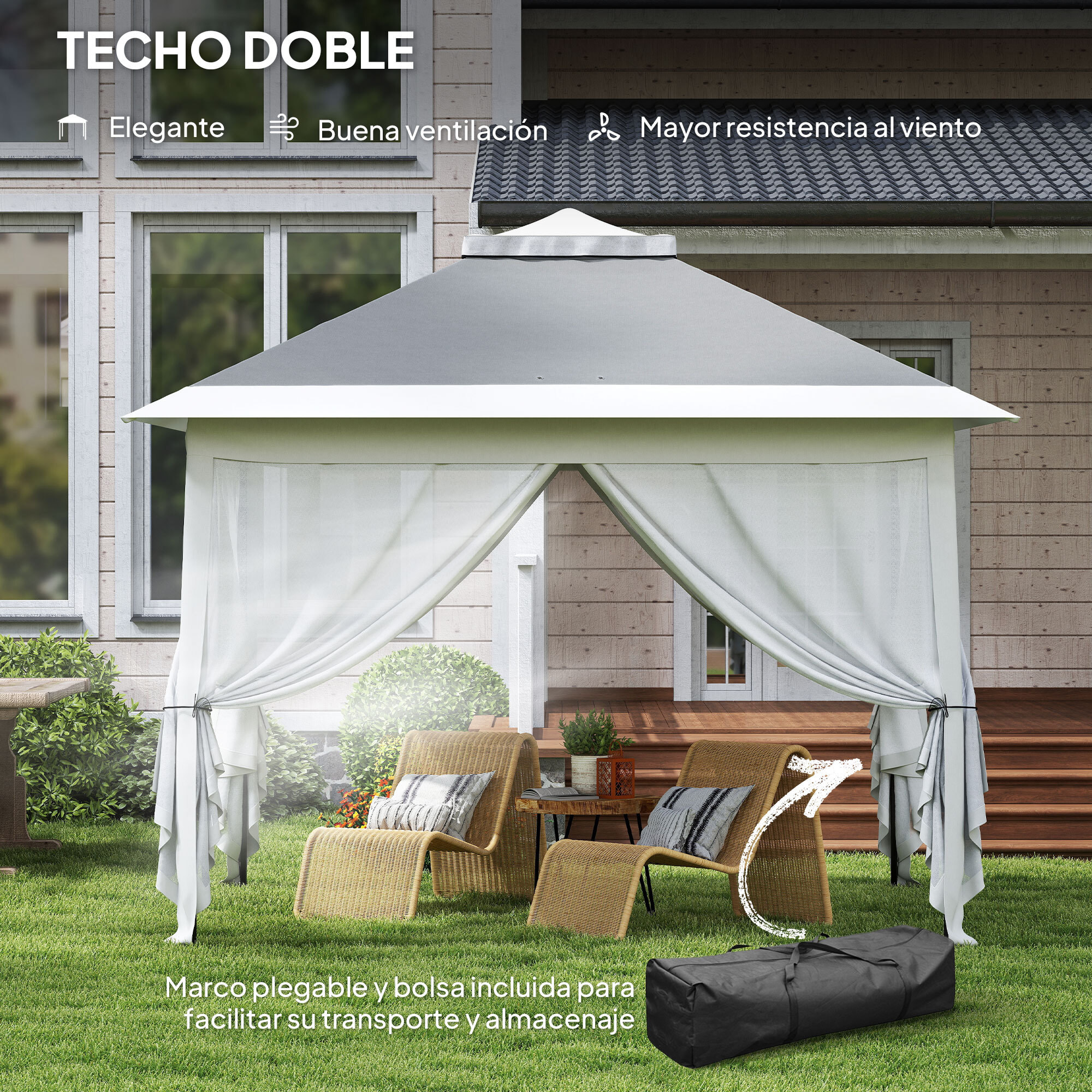 Carpa Plegable 3,3x3,3 m Pop-up, Cenador de Jardín con Altura Ajustable 3 Niveles, Doble Techo, 4 Mosquiteras Extraíbles y Bolsa Transporte, Impermeable, Anti-UV para Exterior, Fiestas, Gris