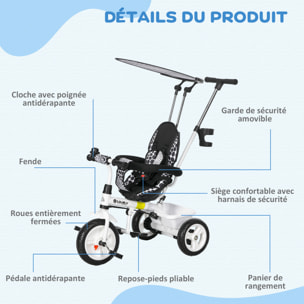 Tricycle enfant pare-soleil pliable canne amovible benne rangement acier blanc noir