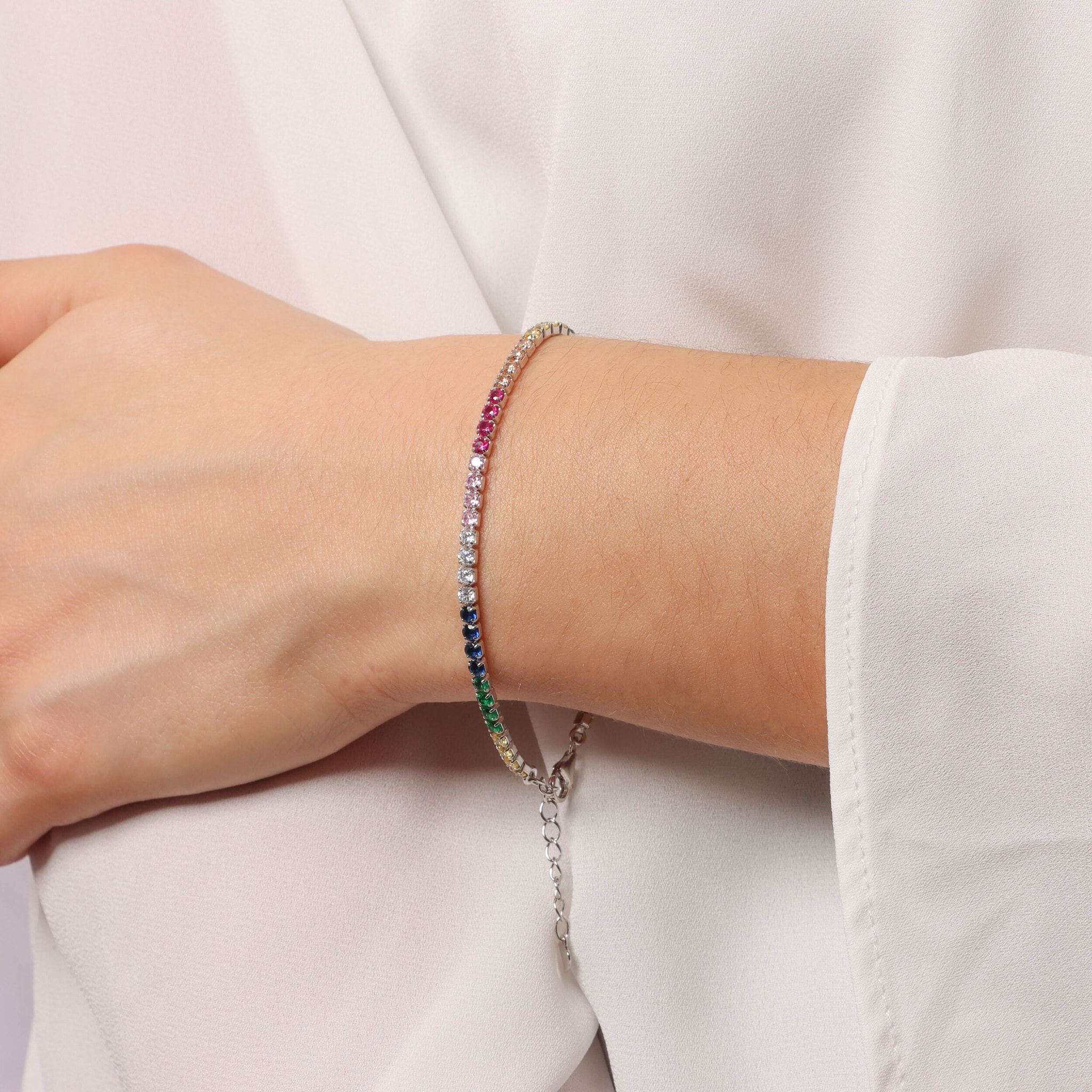 Bracciale Tennis Arcobaleno in Argento 925 placcato Platino con Cubic Zirconia