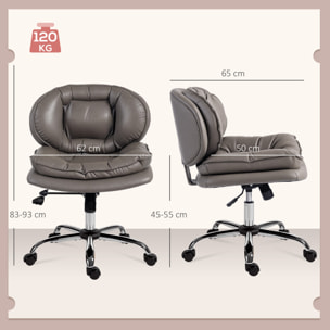 Silla de Oficina Piernas Cruzadas, Silla de Escritorio sin Brazos con Asiento Ancho, Ruedas, Altura Ajustable, Doble Acolchado, Giratoria, Función Basculante, Tapizada en PU, Gris Oscuro