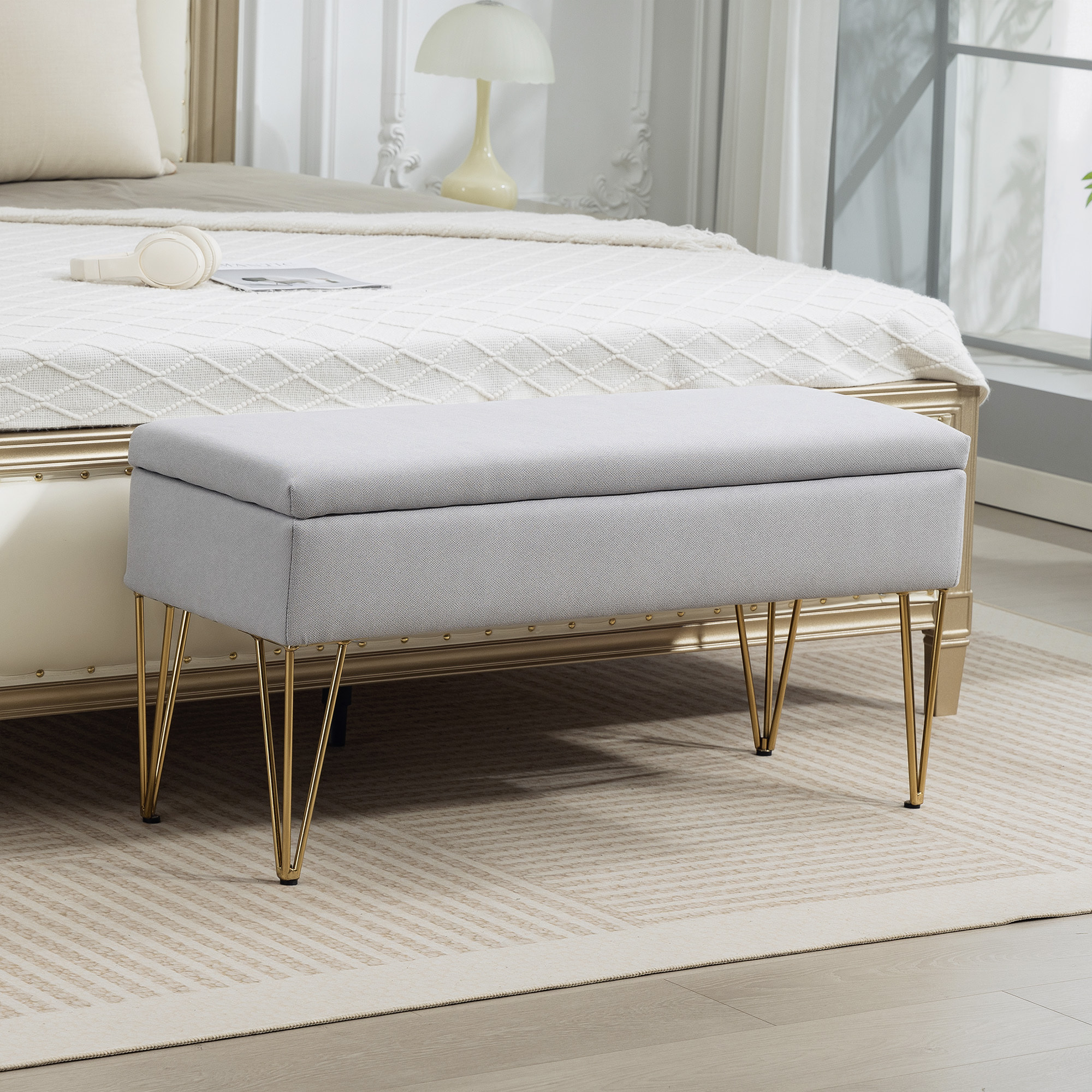 Banco Pie de Cama, Taburete Pie de Cama Tapizado en Lino Sintético con Patas de Acero y Asiento Acolchado, Estilo Moderno, Banco para Dormitorio, Entrada, Pasillo, Gris Claro