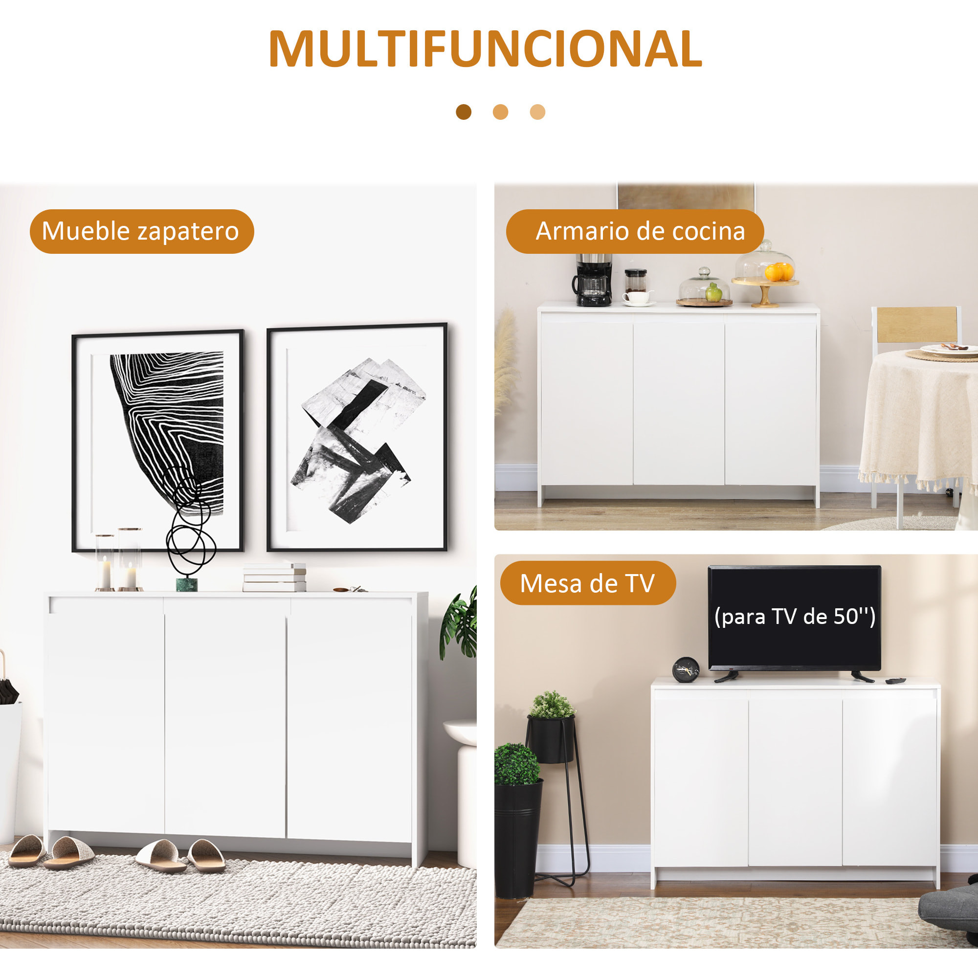 Aparador de Cocina Moderno Mueble Aparador con 3 Puertas Estantes Ajustables y Cierre Suave Soporte para Televisores 120x35x85 cm Blanco