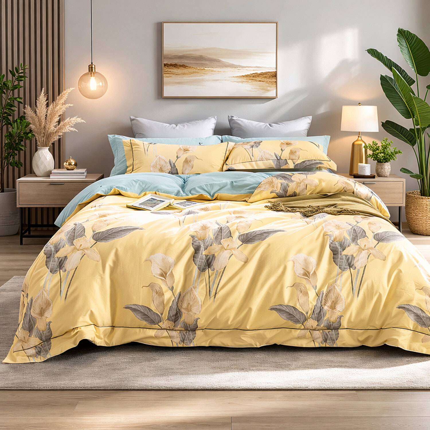 Parure housse de couette 100% coton - Horia imprimé floral jaune soleil