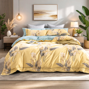 Parure housse de couette 100% coton - Horia imprimé floral jaune soleil
