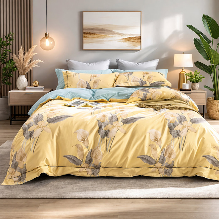 Parure housse de couette 100% coton - Horia imprimé floral jaune soleil
