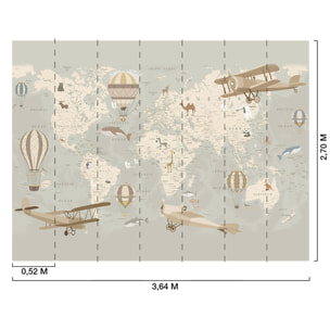 Papier peint enfant carte du monde et montgolfieres Intissé