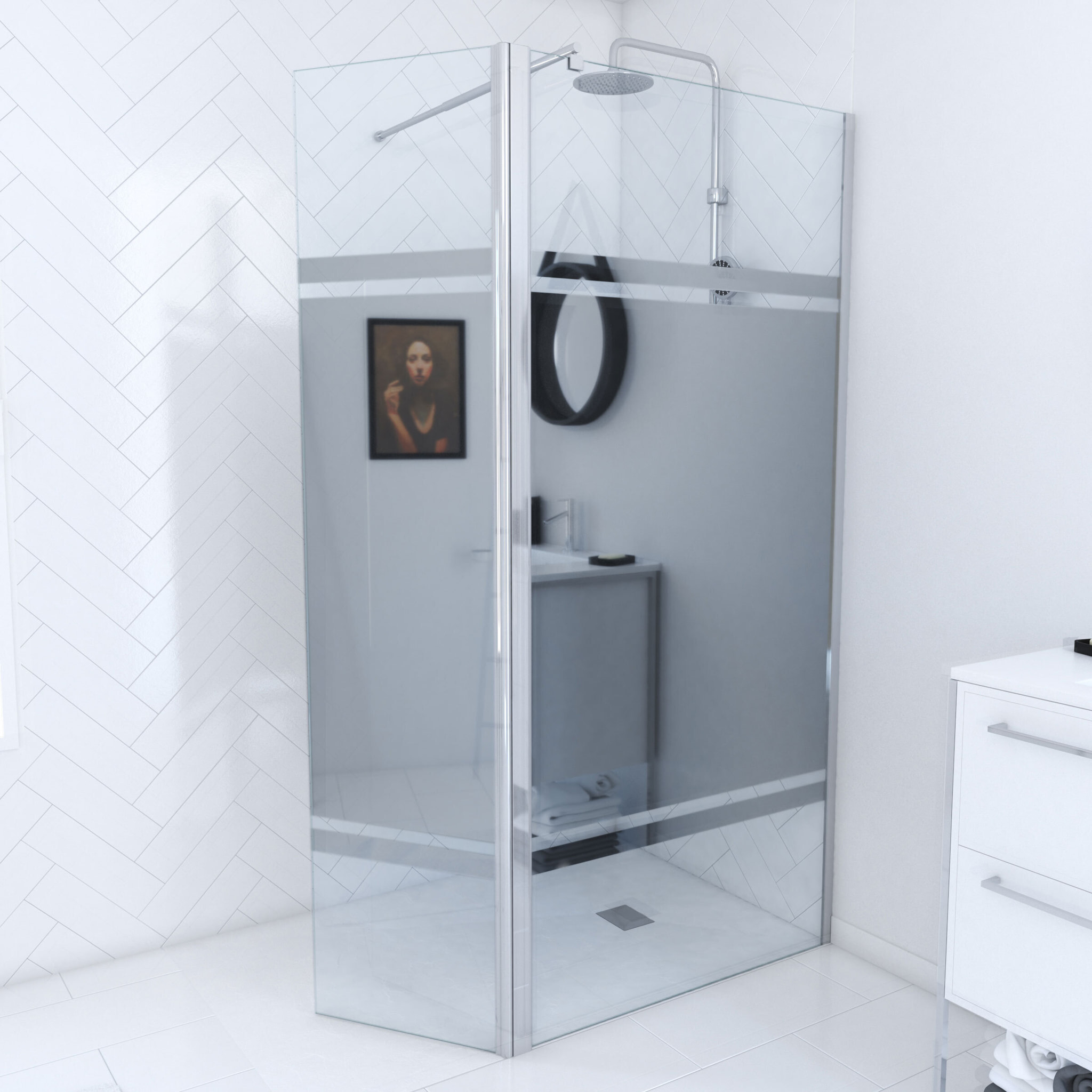 Paroi de Douche et Volet Pivotant 90+40x200 cm - Bandeau Miroir - Barre de Fixation Chrome