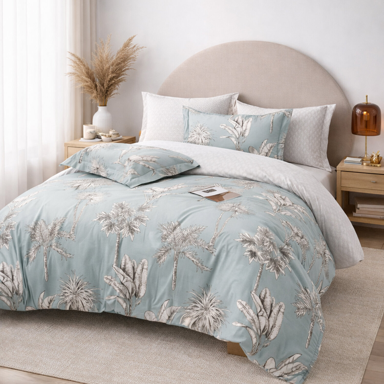 Parure housse de couette 100% coton - Caldone imprimé palmier gris