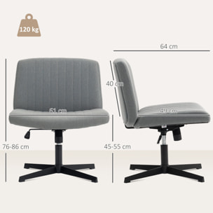 Silla de Oficina sin Brazos, Silla de Escritorio Giratoria con Función Basculante, Piernas Cruzadas, Asiento Ancho y Cómodo, Altura Ajustable, sin Ruedas, para Dormitorio Sala de Estar Gris