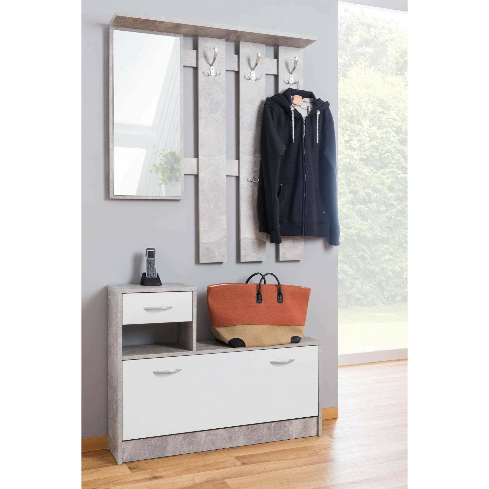 Mobile ingresso con specchio, 100 x 25.5 x 190, Bianco, Cemento