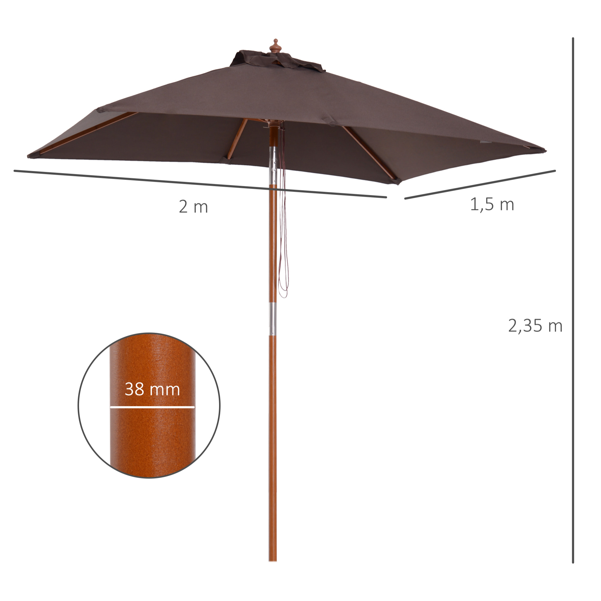 Sombrilla Terraza Exterior 200x150 cm Sombrilla de Jardín Rectangular con Ángulo Ajustable Mástil de Madera y Manivela Parasol para Patio Terraza Café