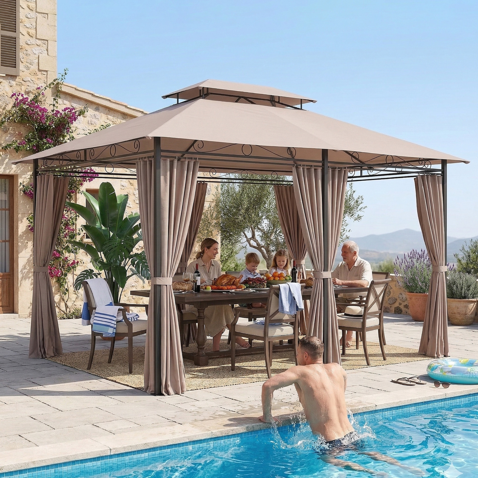 Cenador para Jardín 3x4 m, Pabellón de Jardín, Gazebo con Doble Techo, 6 Paredes Laterales, Estructura Metálica, Drenaje, Carpa para Exterior, Terraza, Patio, Caqui
