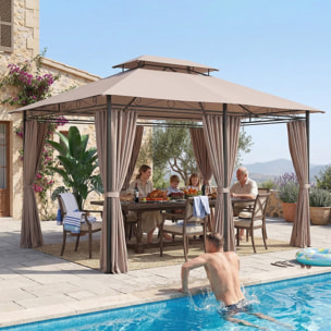 Cenador para Jardín 3x4 m, Pabellón de Jardín, Gazebo con Doble Techo, 6 Paredes Laterales, Estructura Metálica, Drenaje, Carpa para Exterior, Terraza, Patio, Caqui