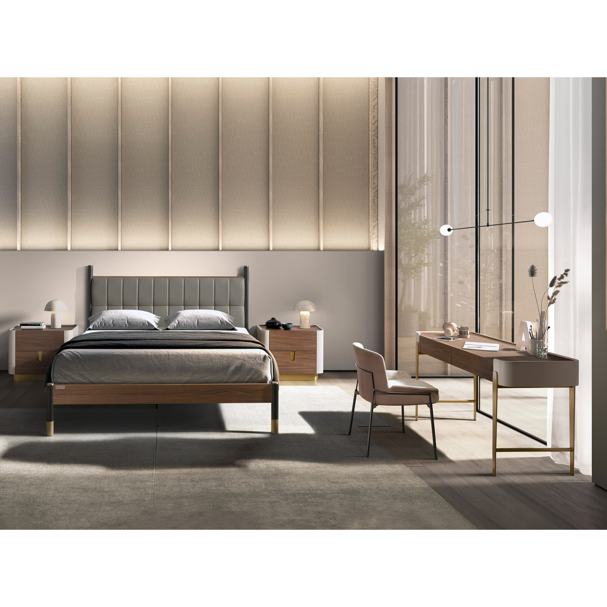 Mesita de noche con estructura de madera chapada en nogal natural y madera MDF lacada en beige base de acero inoxidable pulido en dorado 60x42x50cm