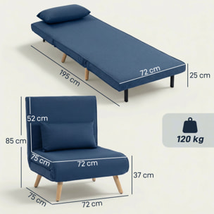 Sofá Cama Individual 3 en 1, Sillón Cama Plegable con Respaldo Ajustable en 5 Posiciones, Asiento Amplio, Almohada Acolchada, Patas de Madera, 72x75x85 cm, Azul Oscuro