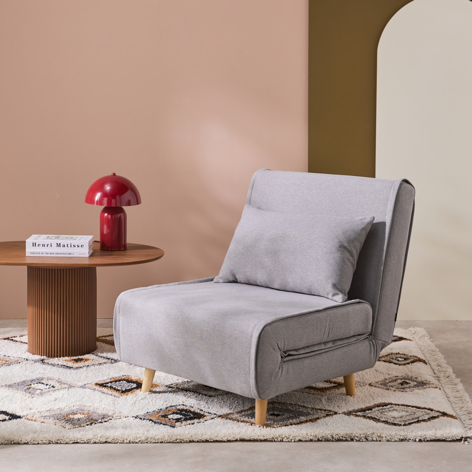 Chauffeuse convertible tissu piétement bois 1 place gris Guest