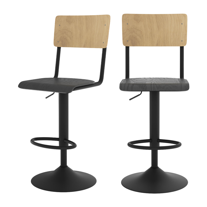 Lot de 2 chaises de bar réglables 60/80 cm en bois clair et noir - Clem