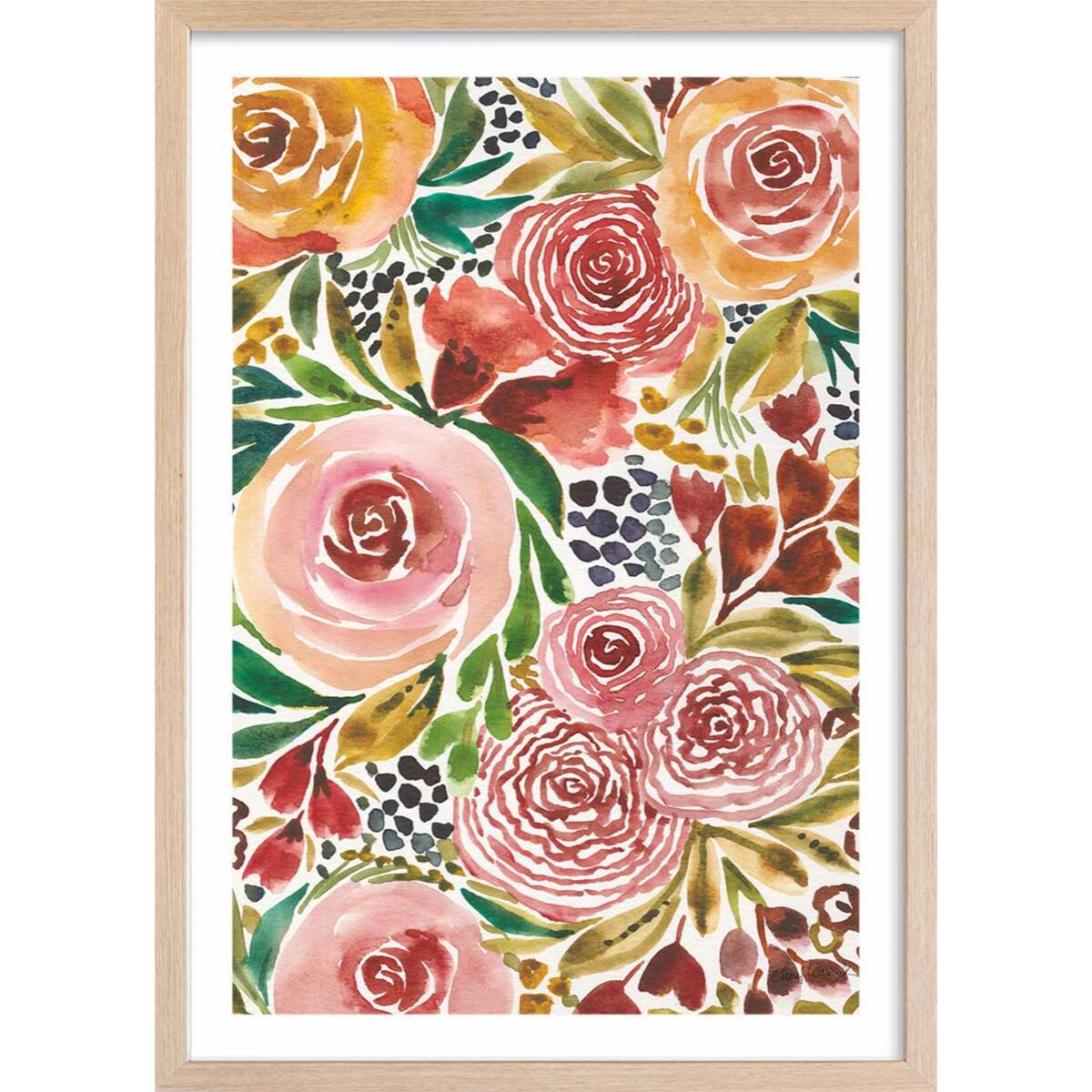 Poster roses envoutantes Affiche + cadre en bois - Chêne