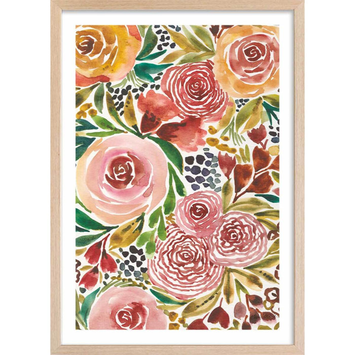 Poster roses envoutantes Affiche + cadre en bois - Chêne