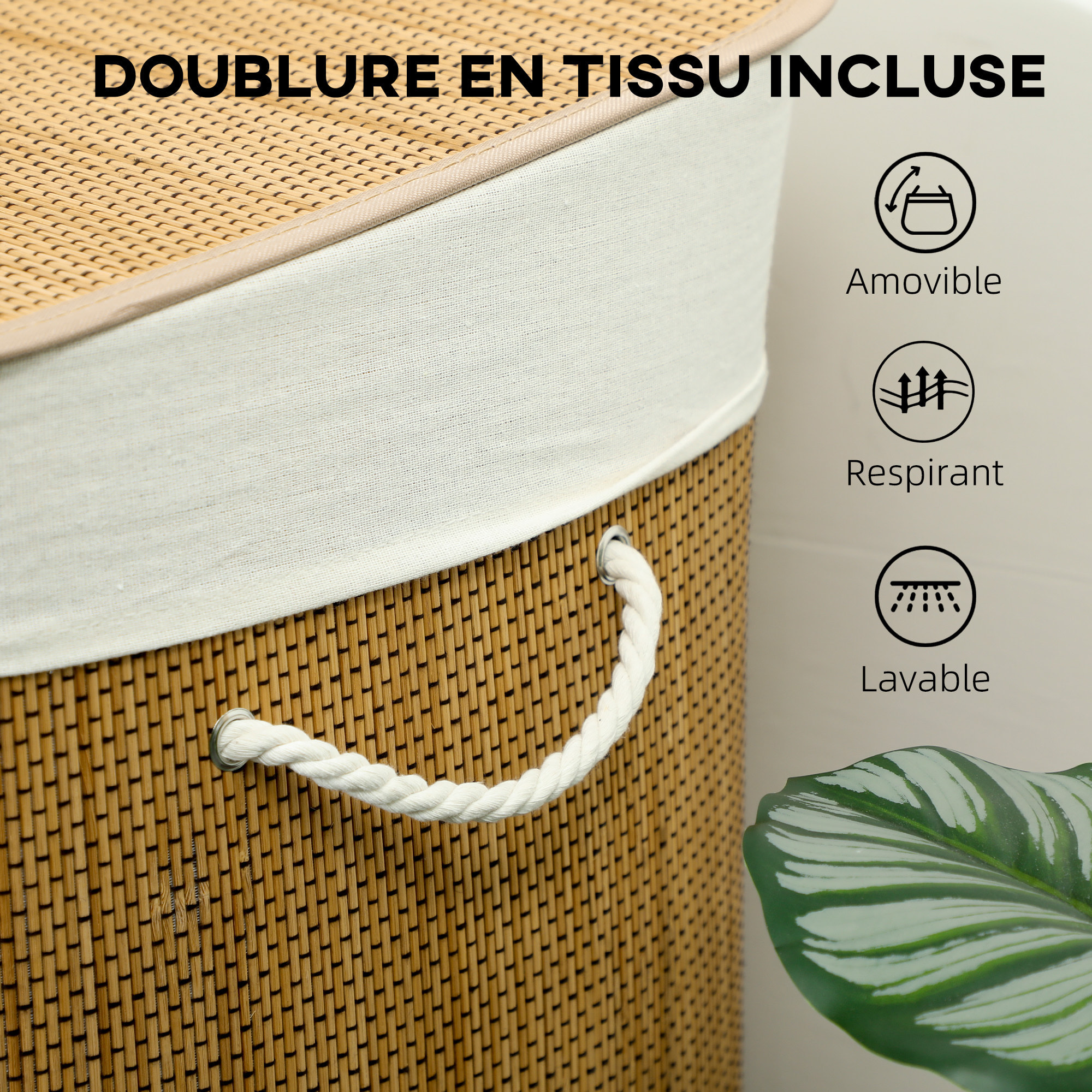 Panier à linge double 144L - corbeille à linge avec couvercle et poignées - tissage bambou naturel