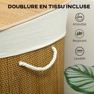 Panier à linge double 144L - corbeille à linge avec couvercle et poignées - tissage bambou naturel