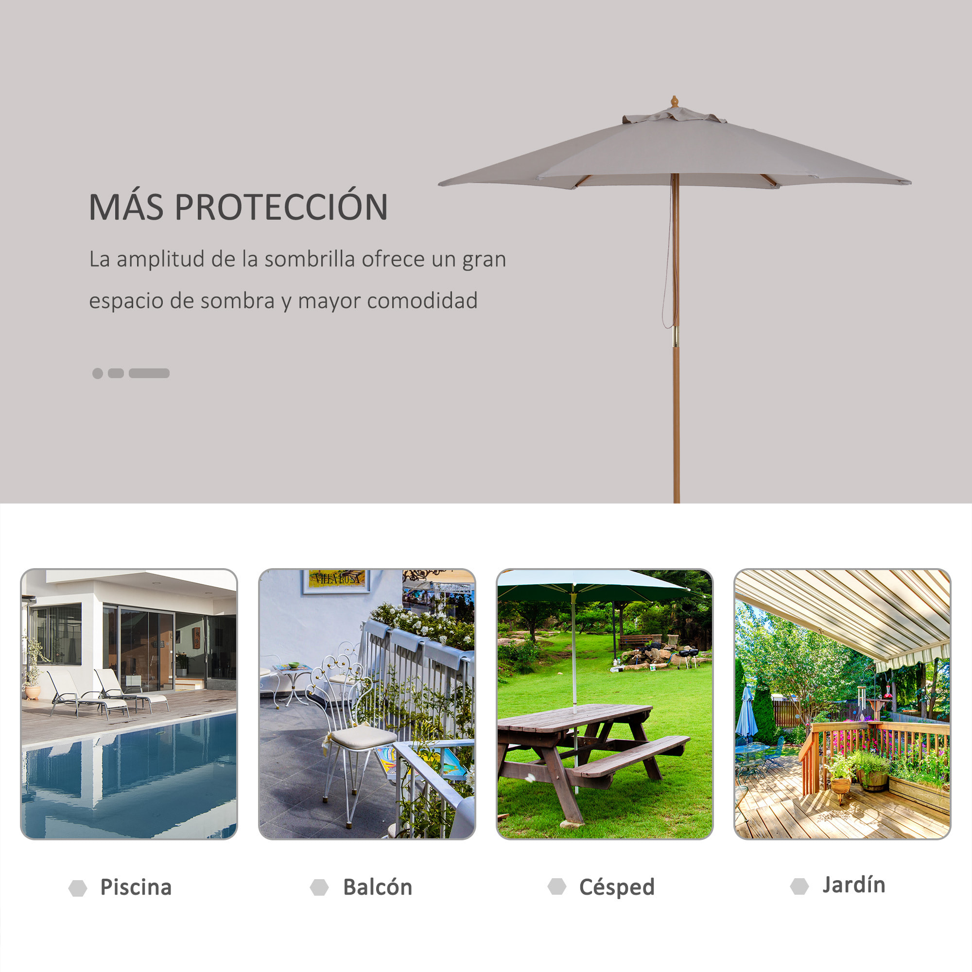Sombrilla Parasol de Madera Ø250x230 cm para Exterior con 6 Varillas Sistema de Cuerda con Fijación Desmontable Portátil Fácil de Guardar y Transportar Gris
