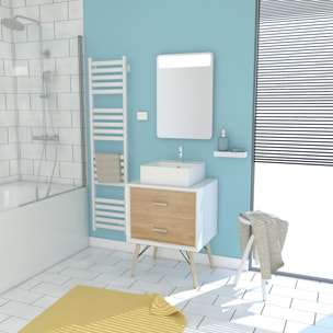 MEUBLE SALLE DE BAIN SCANDINAVE BLANC ET BOIS NATUREL 60cm AVEC TIROIRS, VASQUE A POSER - MIROIR