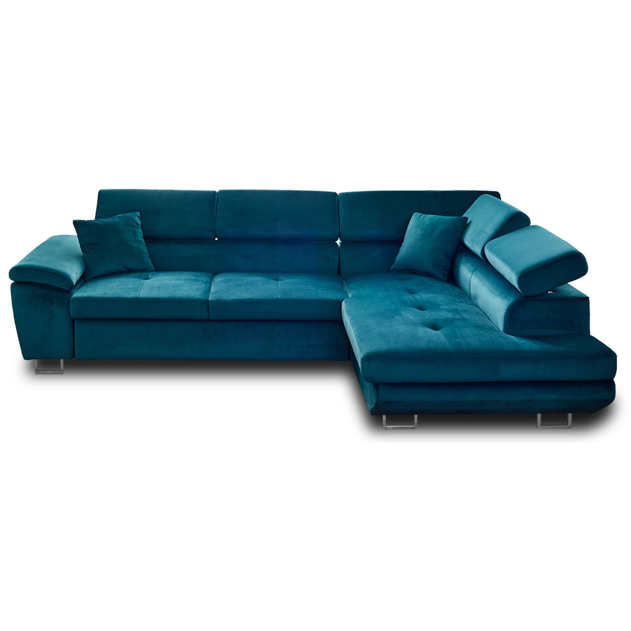 Dimas - canapé d'angle droit 5 places - convertible avec coffre et têtières réglables - en velours - Bleu