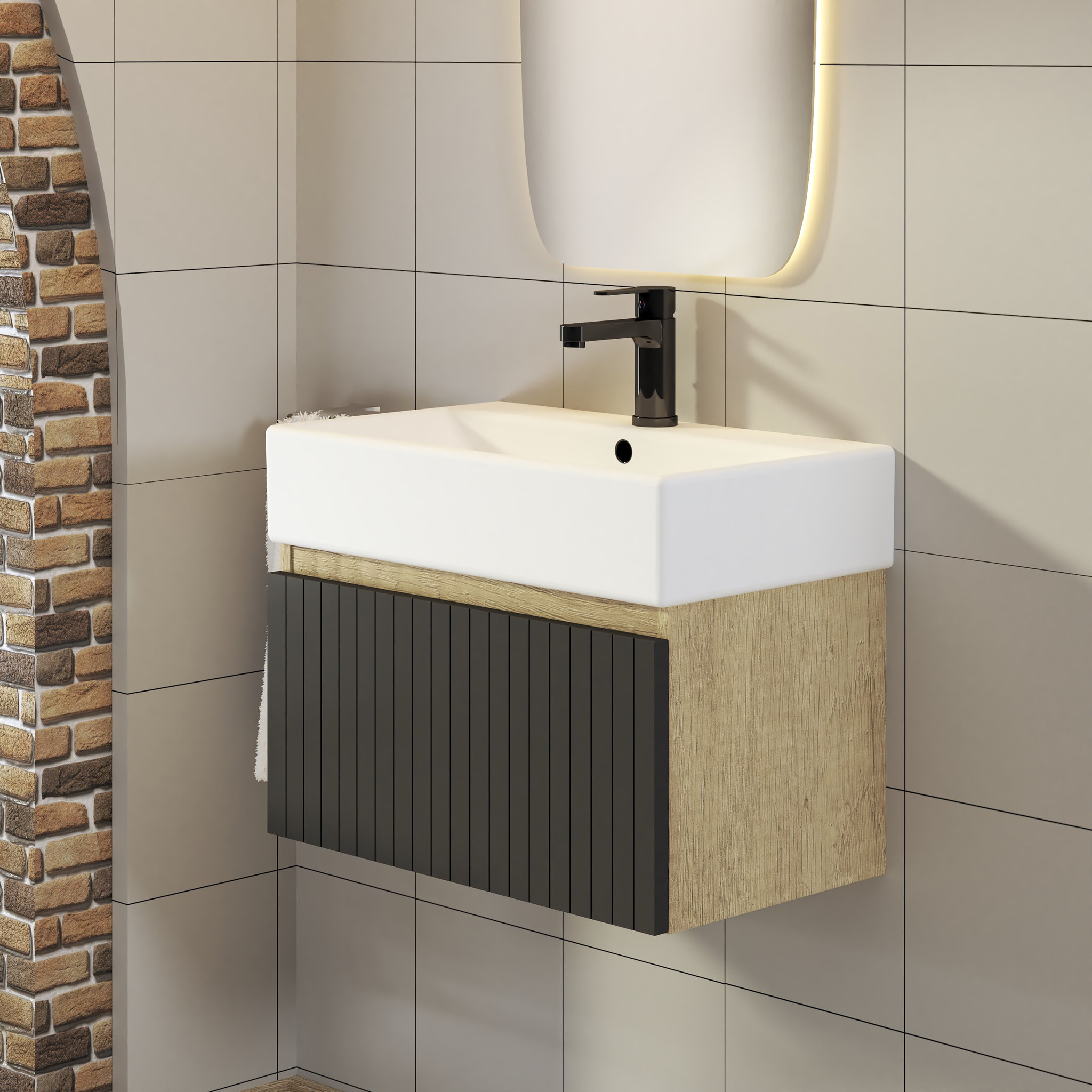 Conjunto de Baño Zel | Mueble Suspendido | 60 cm Negro | Un Cajón | Lavabo Encastrado | No incluye Espejo | Mueble Montado| Alday