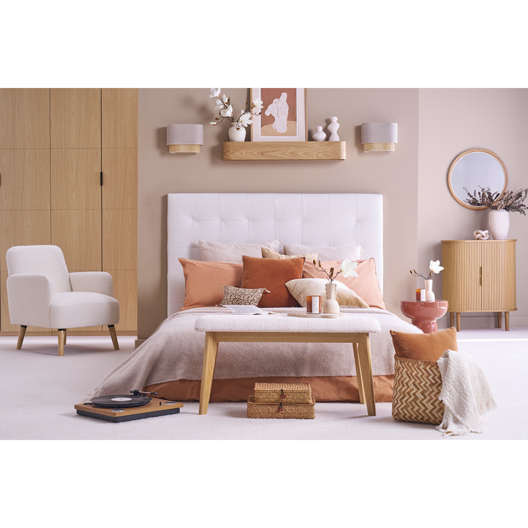 Banc scandinave en tissu effet velours texturé beige et bois clair L92 cm ELION