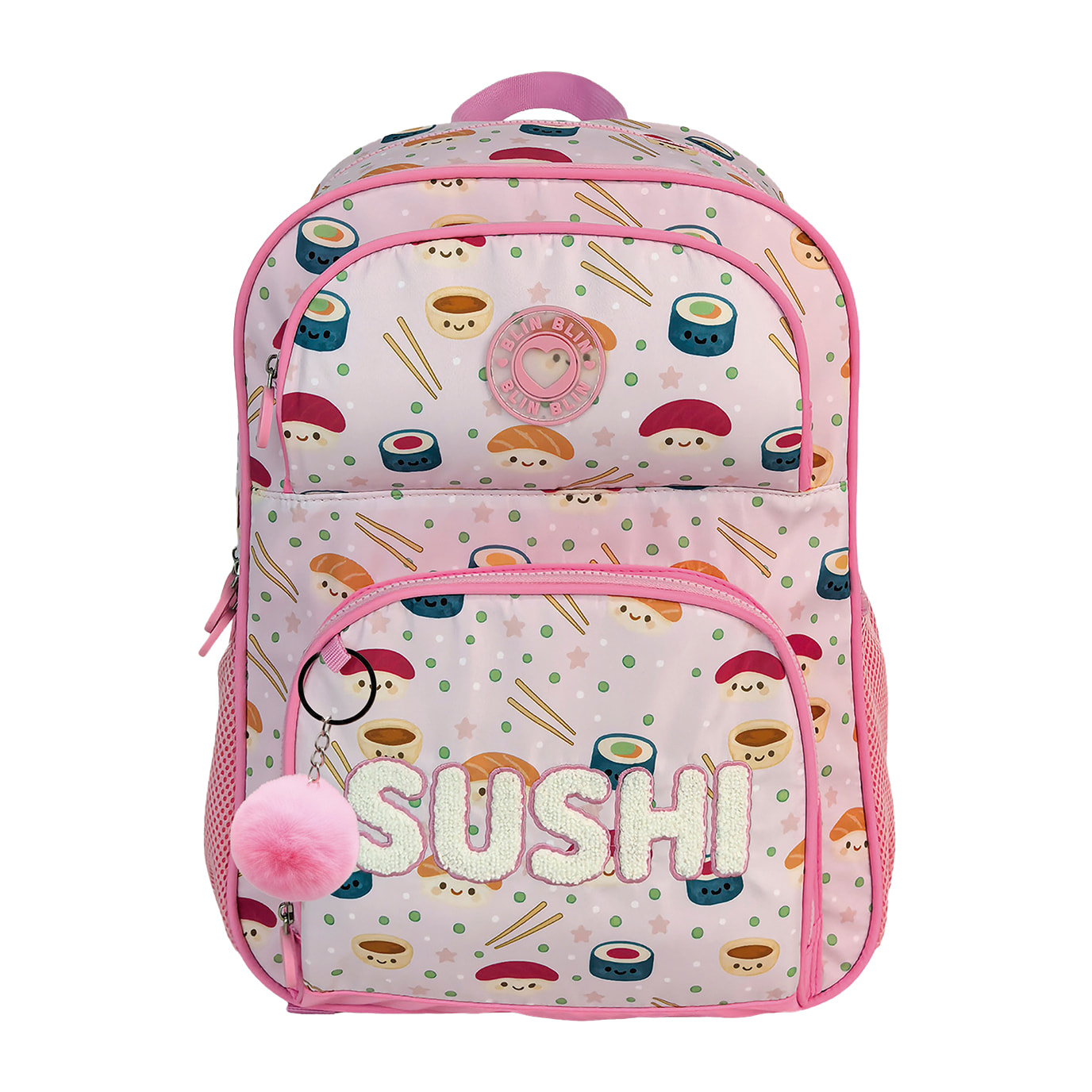 Zaino Primario Blin Blin Sushi doppio scomparto, grande capacità e adattabile al carrello. Con accessorio pom pom.