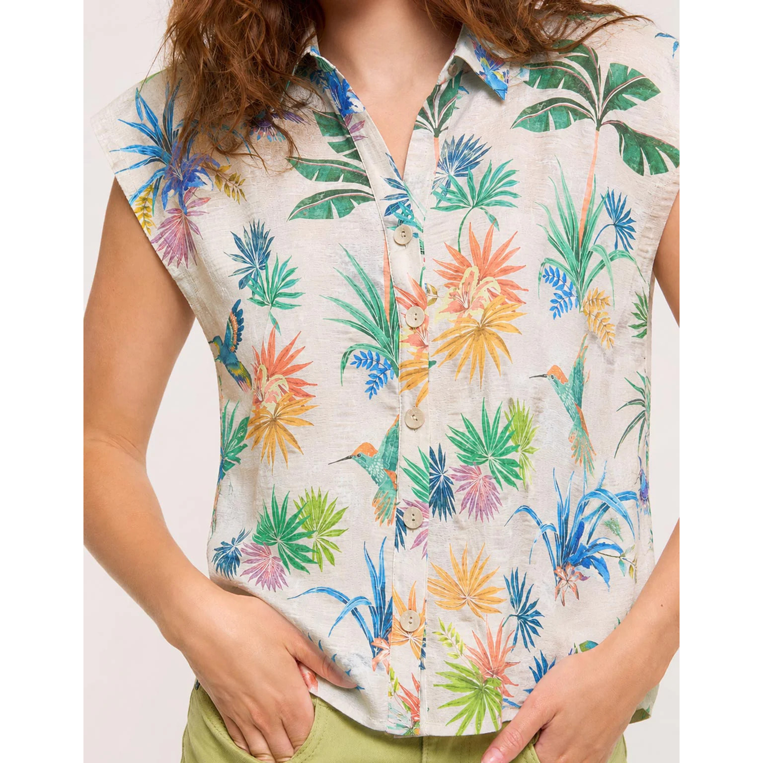 Camisa Colibríes Manga Corta Beige - Calibris