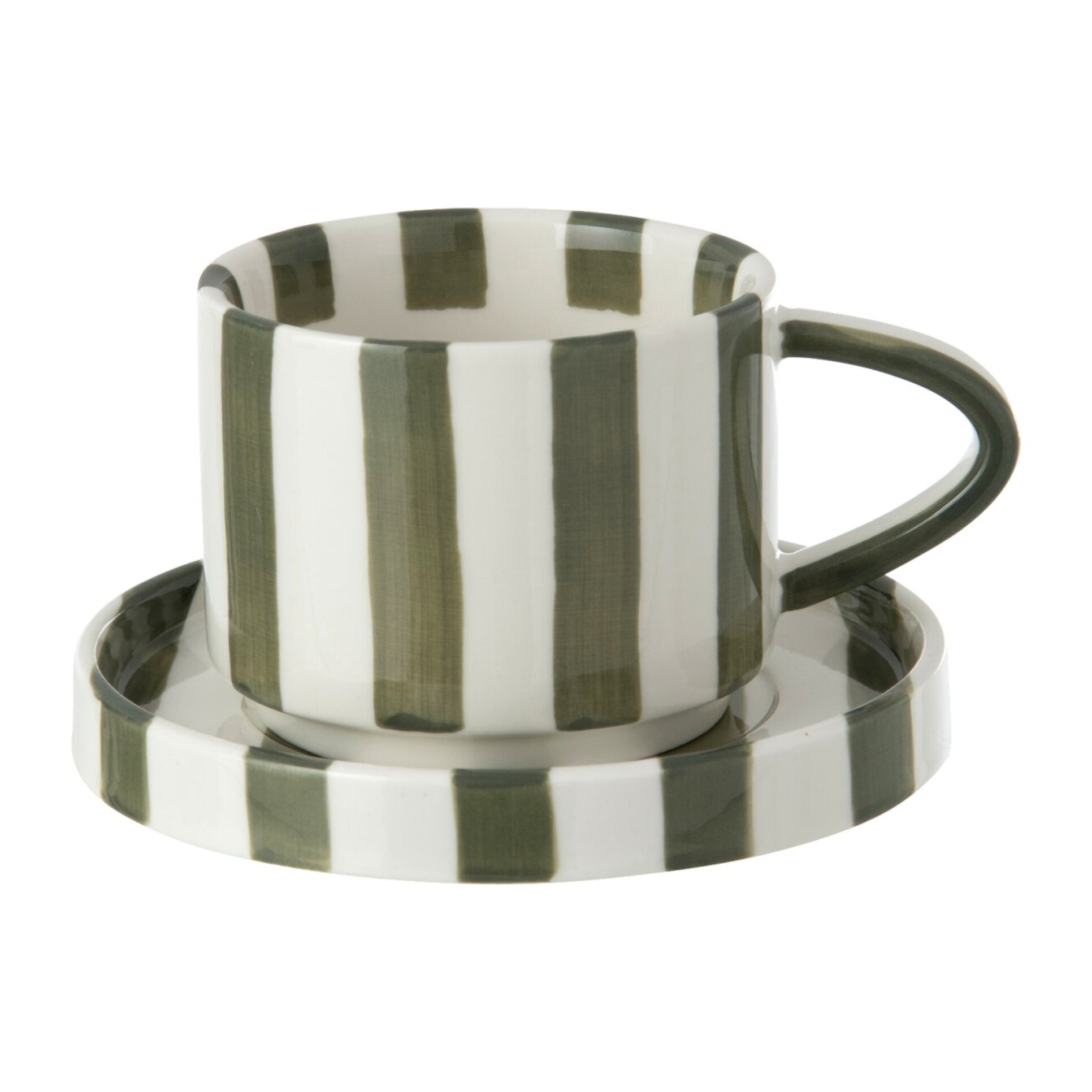 J-Line Tasse et sous-tasse lignée - grès - vert olive/blanc - set de 4