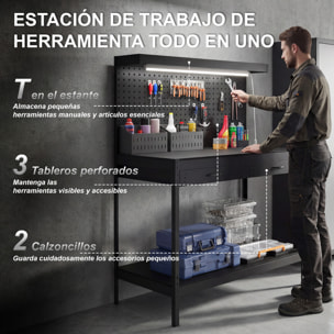 Banco de Trabajo, Carga 272 kg, 110x60x150 cm, Mesa de Trabajo con Tableros Perforados Metálicos, Toma de Corriente, Luces LED, 2 Cajones y Estantes, para Garaje y Taller, Negro