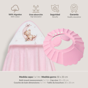 Capa Baño 1X1 Mod Estampado Oso Luna Estrellas+Gorro Rosa