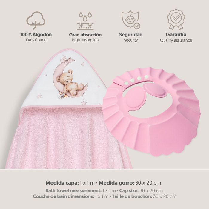 Capa Baño 1X1 Mod Estampado Oso Luna Estrellas+Gorro Rosa