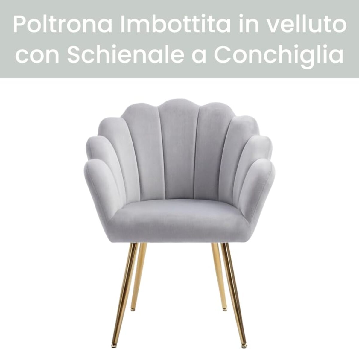 Poltrona in velluto design a conchiglia elegante e moderna, seduta imbottita confortevole con base in legno e gambe in metallo dorato, poltroncina versatile per soggiorno, camera o ufficio, stabile e resistente fino a 100 kg, stile raffinato e decorativo