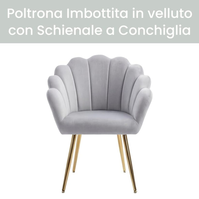 Poltrona in velluto design a conchiglia elegante e moderna, seduta imbottita confortevole con base in legno e gambe in metallo dorato, poltroncina versatile per soggiorno, camera o ufficio, stabile e resistente fino a 100 kg, stile raffinato e decorativo