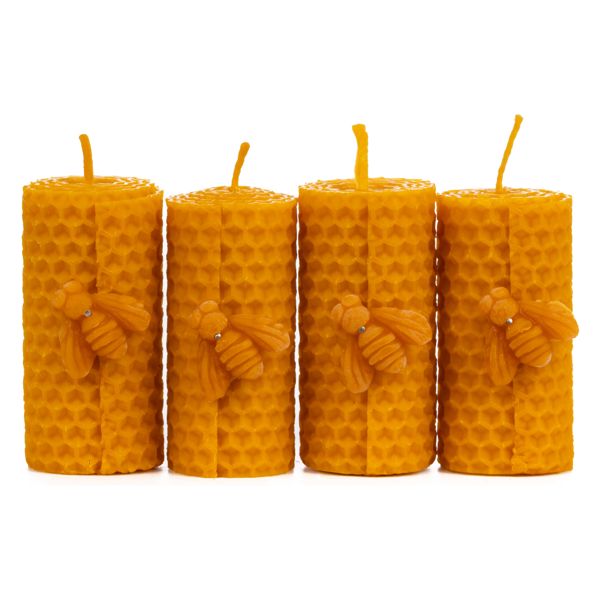 Pack de 4 velas de miel, de cera de abeja natural, con abeja. 4 horas de duración.