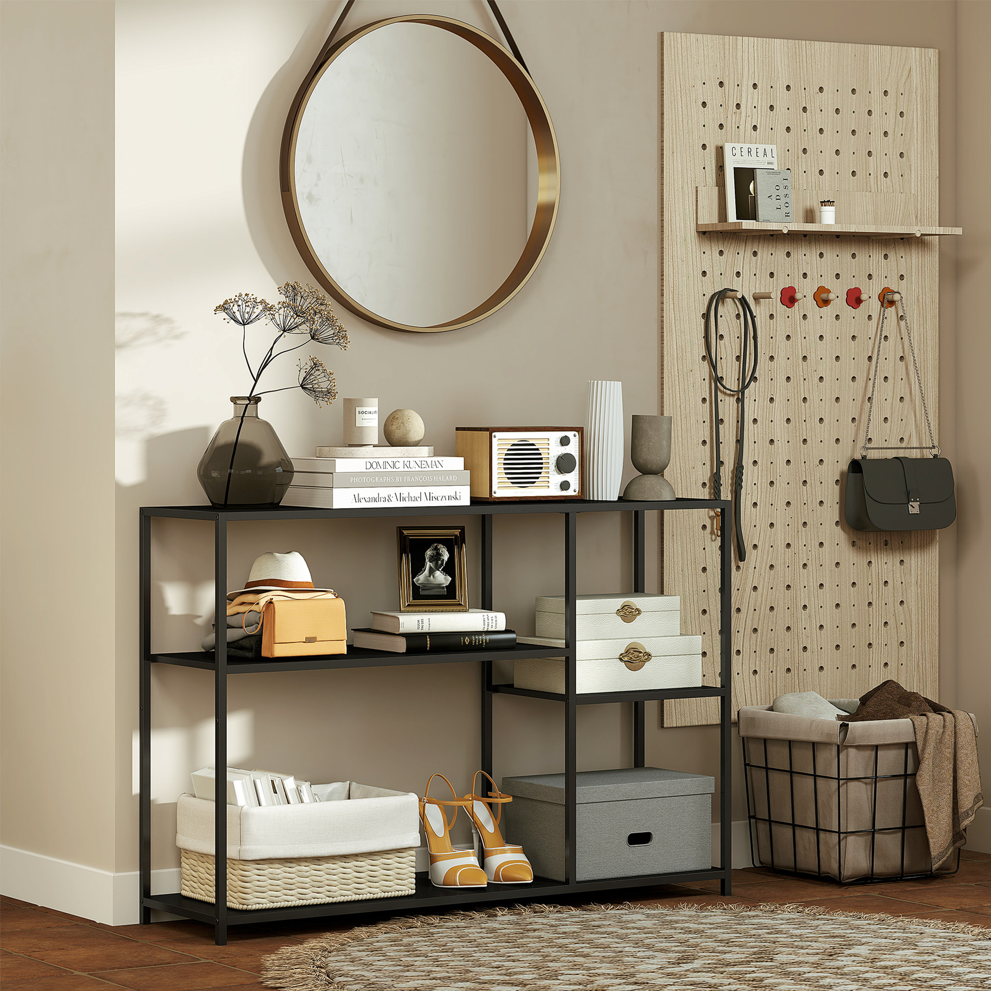 Console meuble d'entrée style industriel 4 étagères dim. 110 x 30 x 75 cm acier panneaux noir