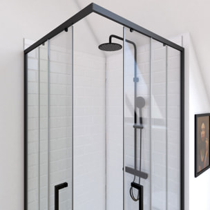 Porte de douche carrée - 90x90x200 cm - PROFILE NOIR MAT - verre trempé 6mm