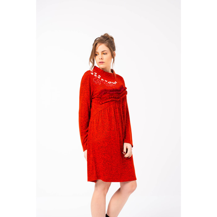 Mamatayoe Oeuvre. Vestido Corto de Mujer con Cuello Alto de Color Rojo con Detalles Bordados para Otoño Invierno. Vestido Casual de Hilo Torcido Carda de Manga Larga.