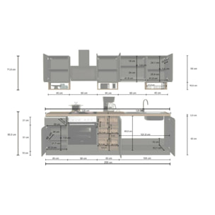 Cucina completa Dcelient, Cucina pratica e salvaspazio, Parete da cucina con 7 ante e 1 cassetto, 100% Made in Italy, 255x60h85 cm, Bianco lucido e Ardesia